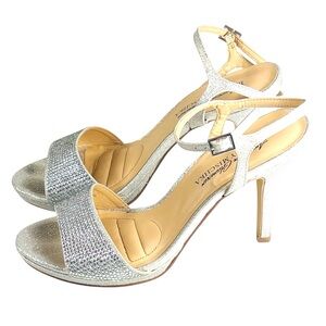 American Glamour Badgley Mischka Silver Crystal Ankle Strap Heels Size 6 1/2